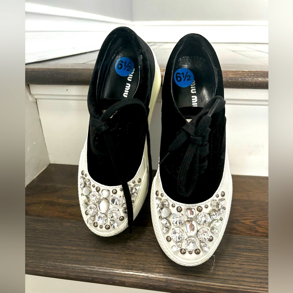Miu Miu Crystal-Studded Velvet Sneakers